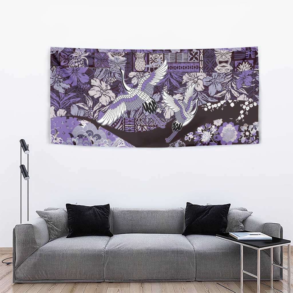 Japanese Hawaiian Crane Tapestry Purple Tapa Patchwork Pattern LT9 - Polynesian Pride