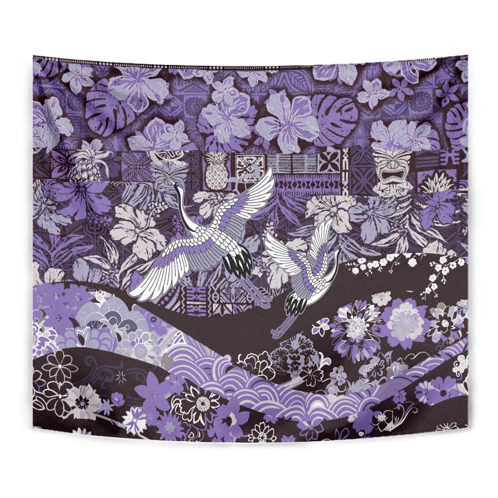 Japanese Hawaiian Crane Tapestry Purple Tapa Patchwork Pattern LT9 - Polynesian Pride