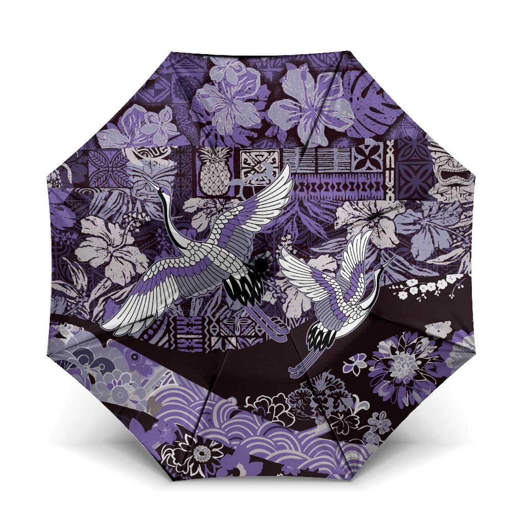 Japanese Hawaiian Crane Umbrella Purple Tapa Patchwork Pattern LT9 One Size Folded 11.42 inch Opened Diameter 37.4 inch Purple - Polynesian Pride