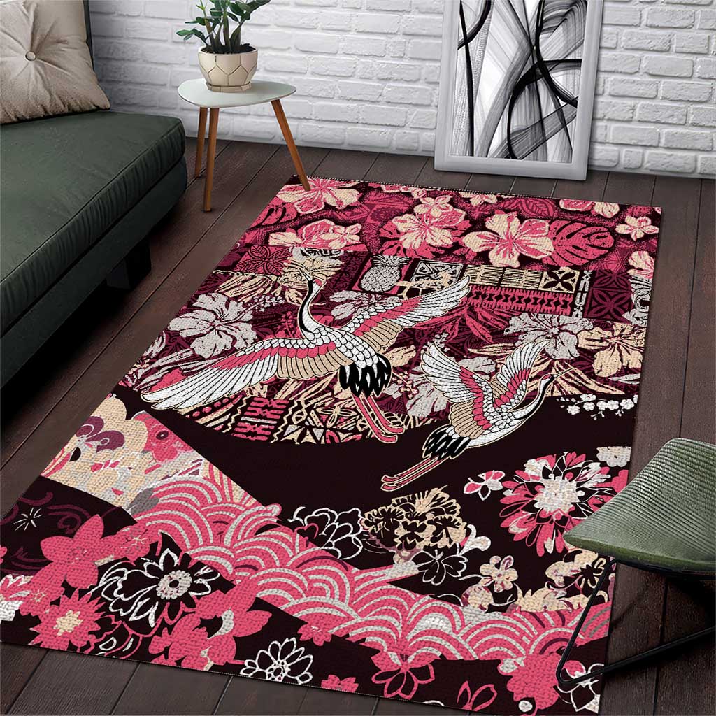 Japanese Hawaiian Crane Area Rug Soft Pink Tapa Patchwork Pattern LT9 Pink - Polynesian Pride