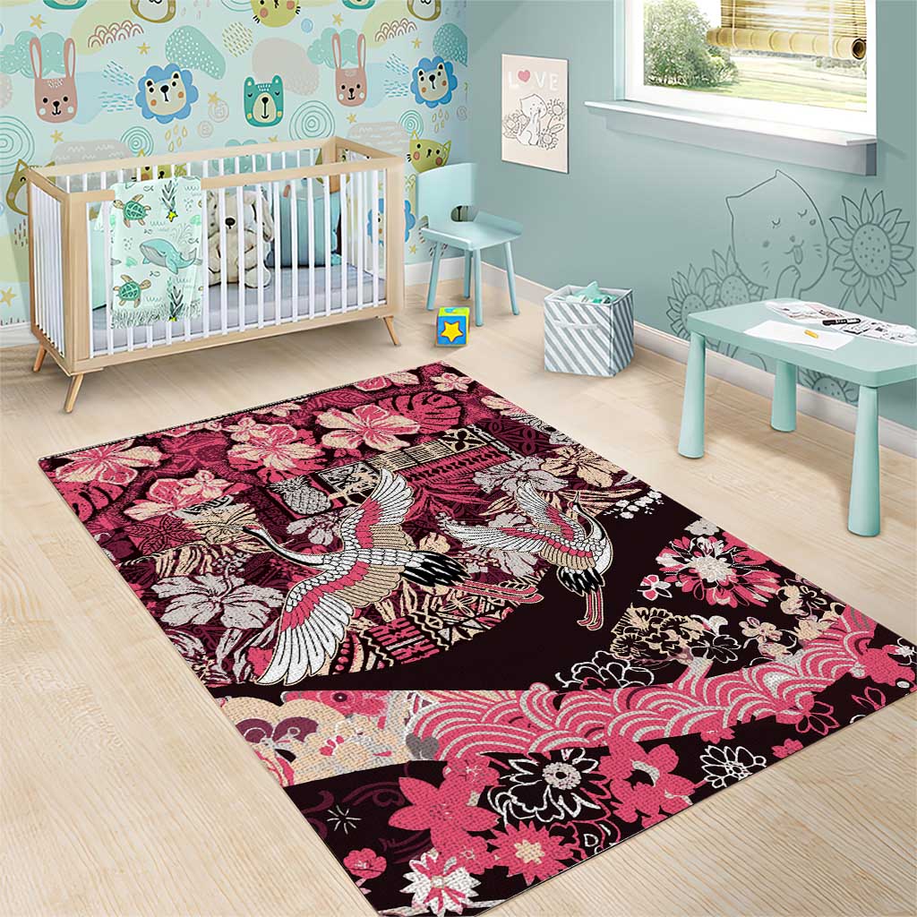 Japanese Hawaiian Crane Area Rug Soft Pink Tapa Patchwork Pattern LT9 - Polynesian Pride