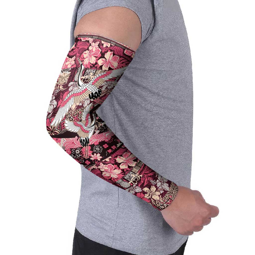 Japanese Hawaiian Crane Arm Sleeves Soft Pink Tapa Patchwork Pattern LT9 - Polynesian Pride