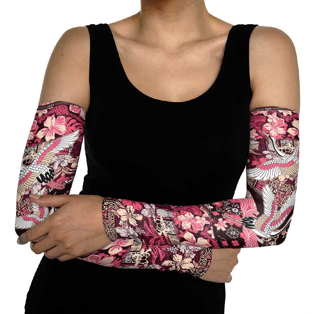 Japanese Hawaiian Crane Arm Sleeves Soft Pink Tapa Patchwork Pattern LT9 - Polynesian Pride
