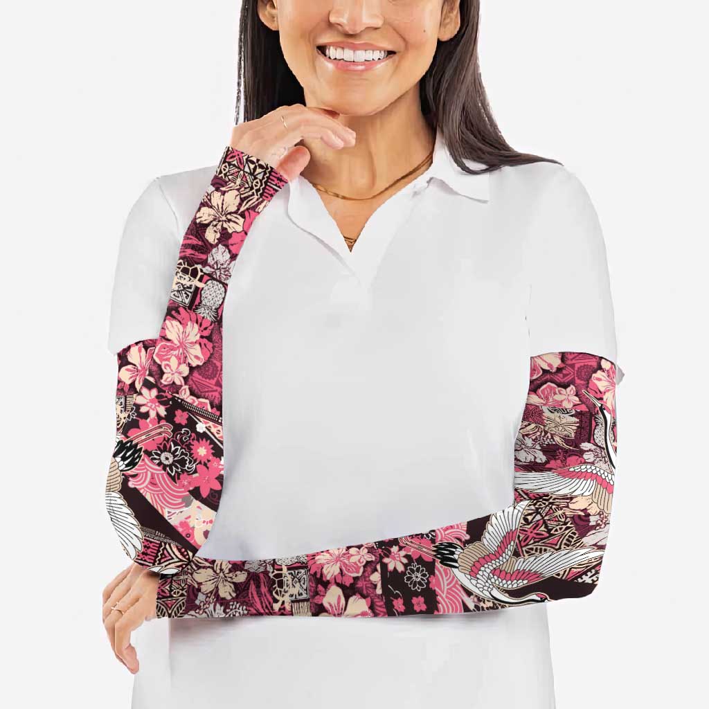 Japanese Hawaiian Crane Arm Sleeves Soft Pink Tapa Patchwork Pattern LT9 - Polynesian Pride
