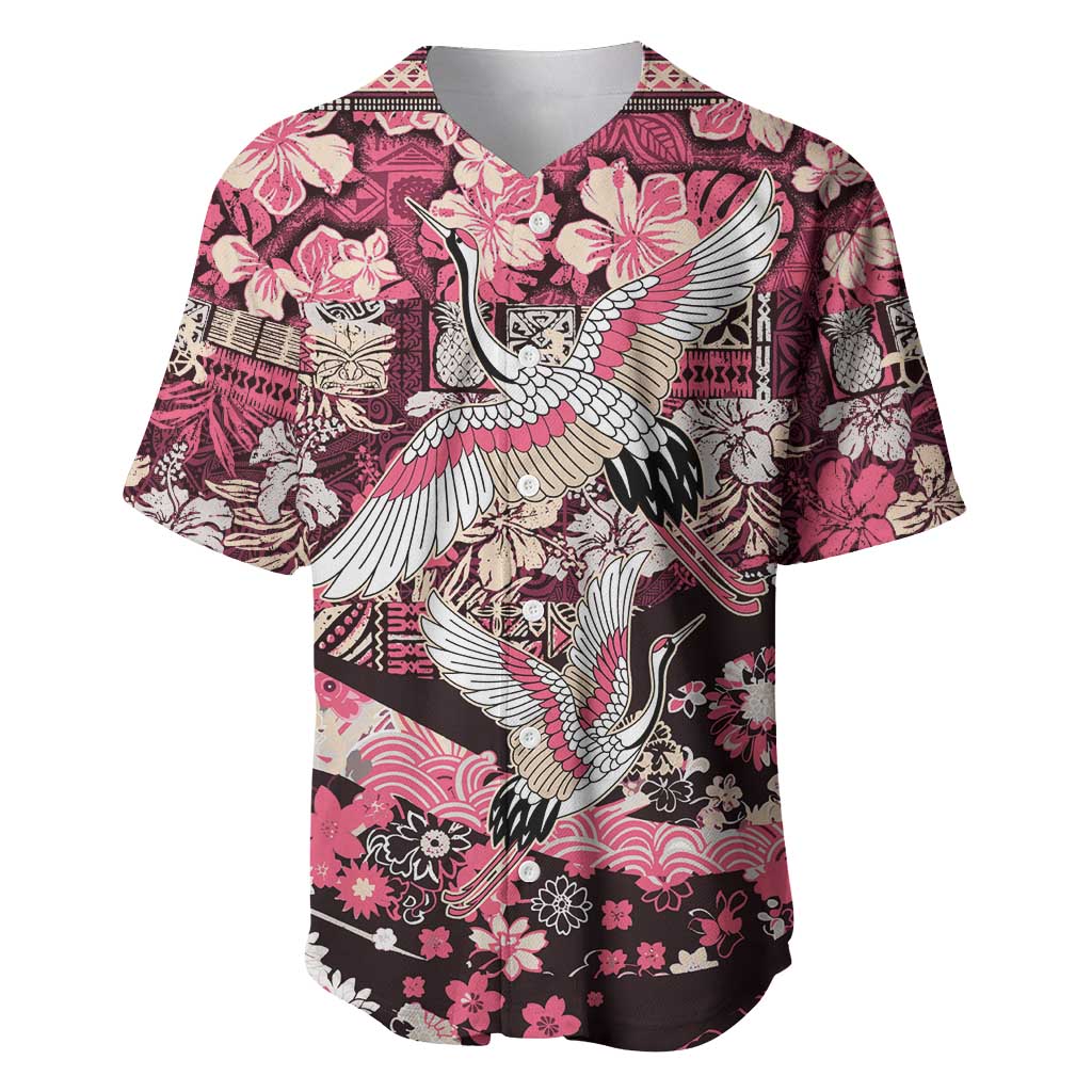Japanese Hawaiian Crane Baseball Jersey Soft Pink Tapa Patchwork Pattern LT9 Pink - Polynesian Pride