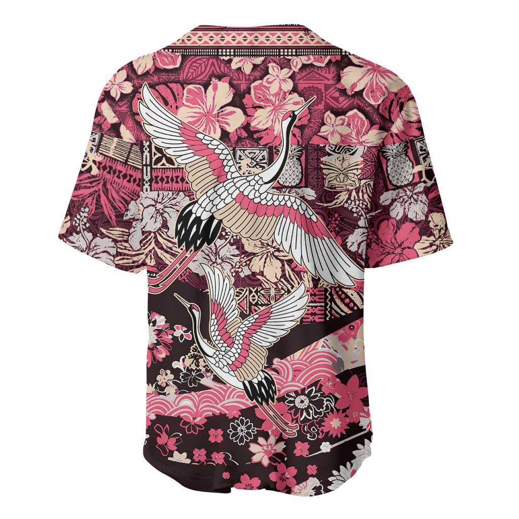 Japanese Hawaiian Crane Baseball Jersey Soft Pink Tapa Patchwork Pattern LT9 - Polynesian Pride
