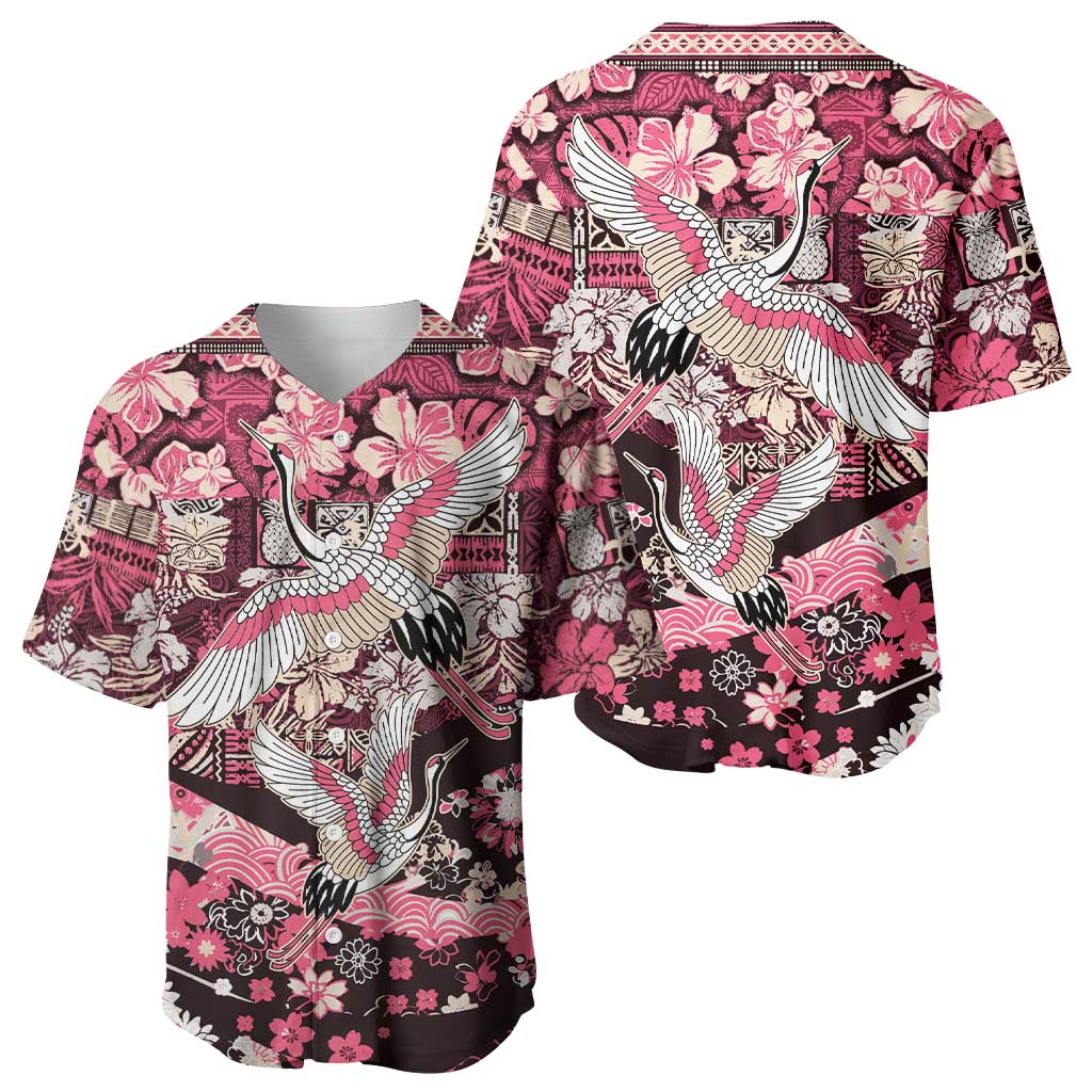 Japanese Hawaiian Crane Baseball Jersey Soft Pink Tapa Patchwork Pattern LT9 - Polynesian Pride
