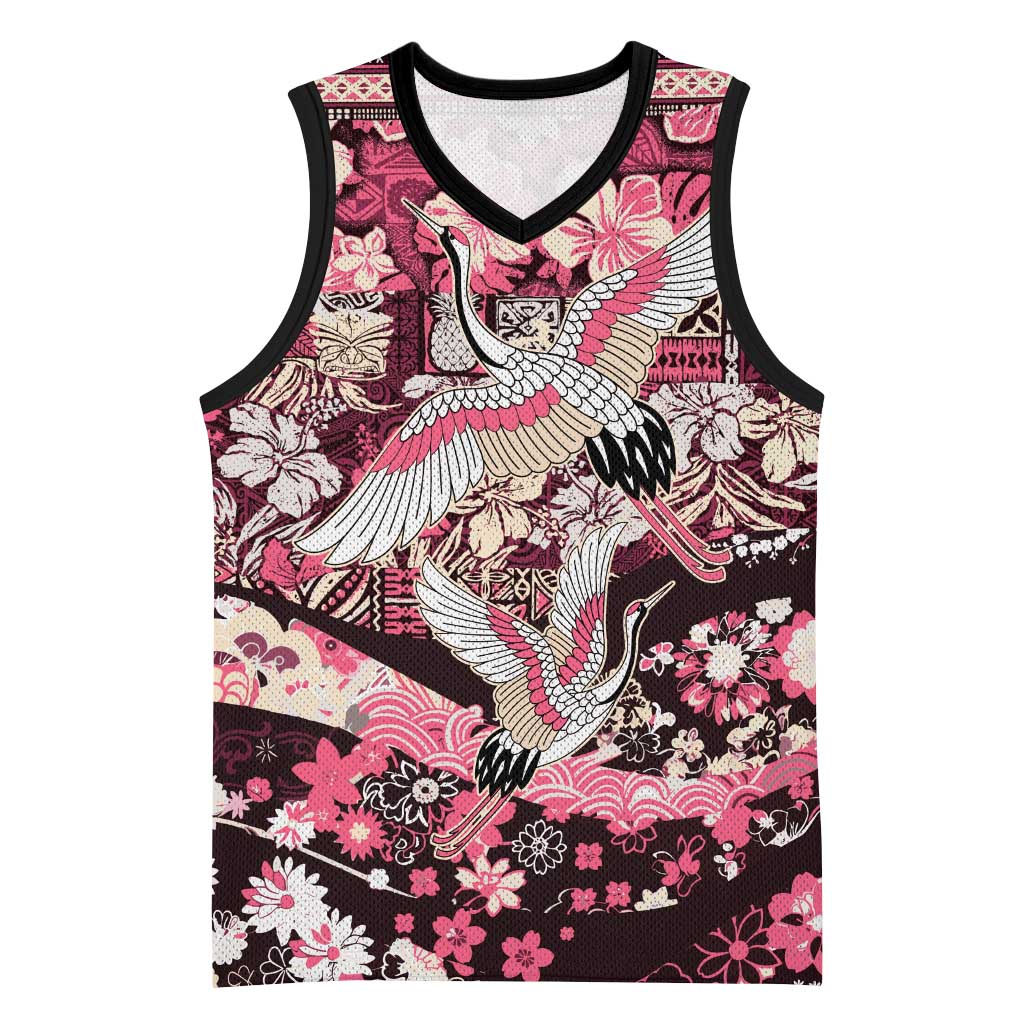 Japanese Hawaiian Crane Basketball Jersey Soft Pink Tapa Patchwork Pattern LT9 Unisex Pink - Polynesian Pride