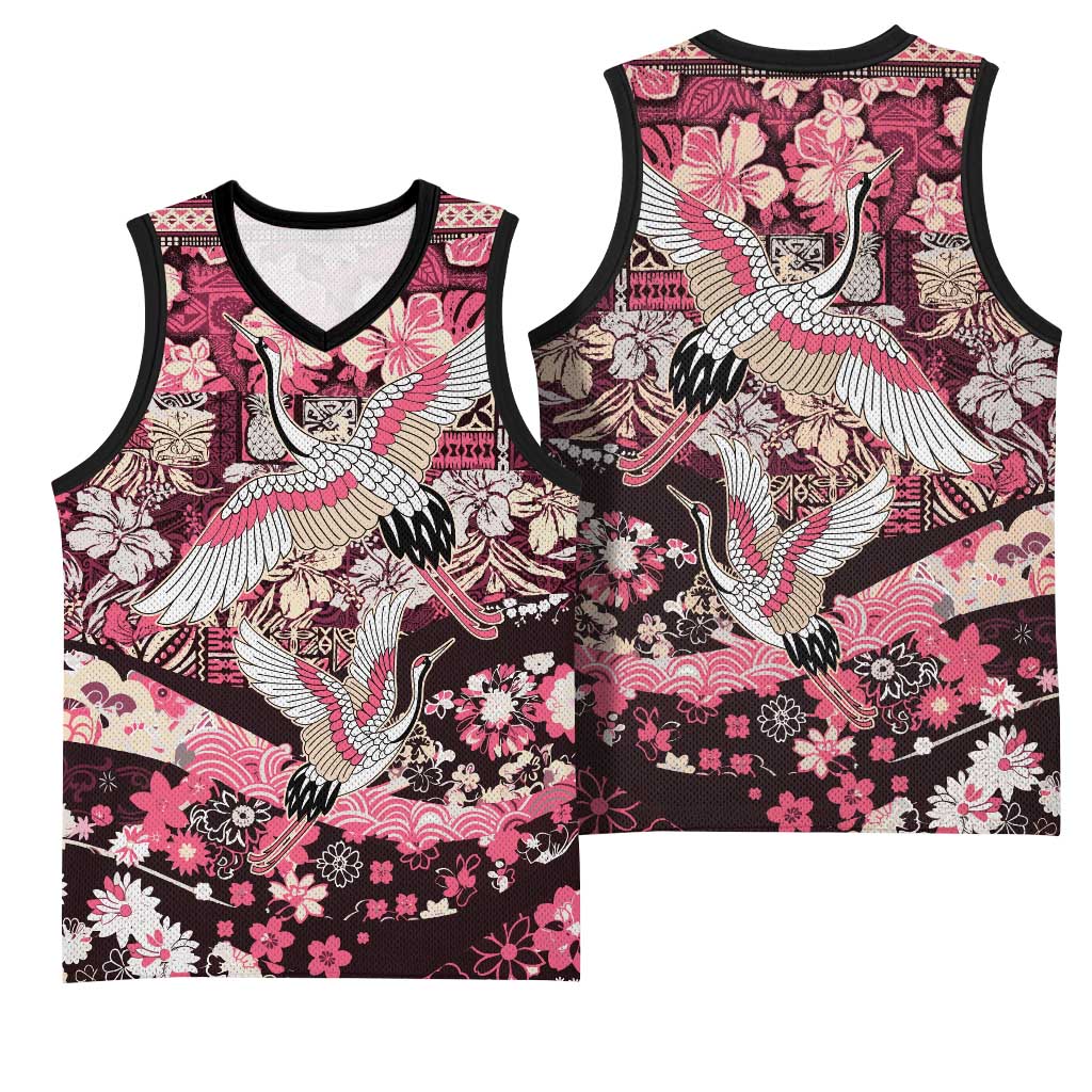 Japanese Hawaiian Crane Basketball Jersey Soft Pink Tapa Patchwork Pattern LT9 - Polynesian Pride