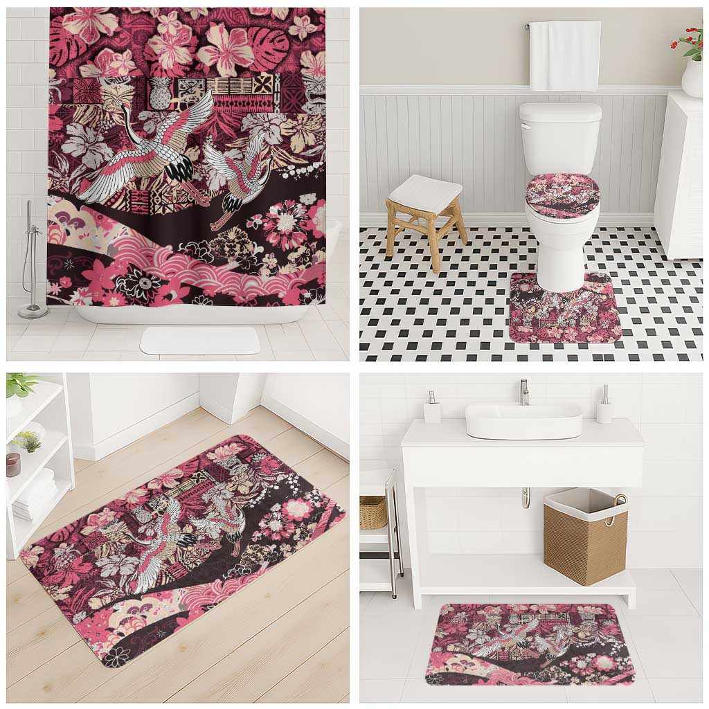 Japanese Hawaiian Crane Bathroom Set Soft Pink Tapa Patchwork Pattern LT9 - Polynesian Pride