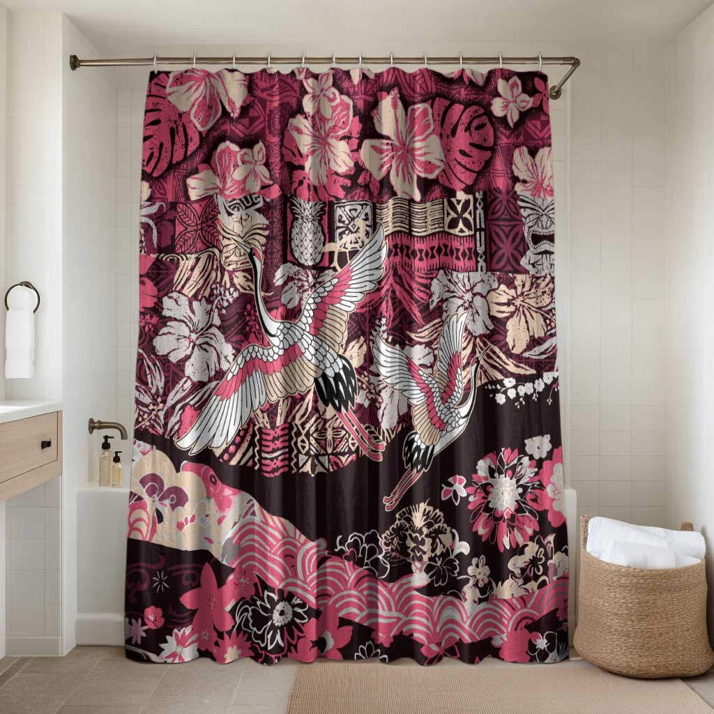 Japanese Hawaiian Crane Bathroom Set Soft Pink Tapa Patchwork Pattern LT9 Shower Curtain Only Pink - Polynesian Pride