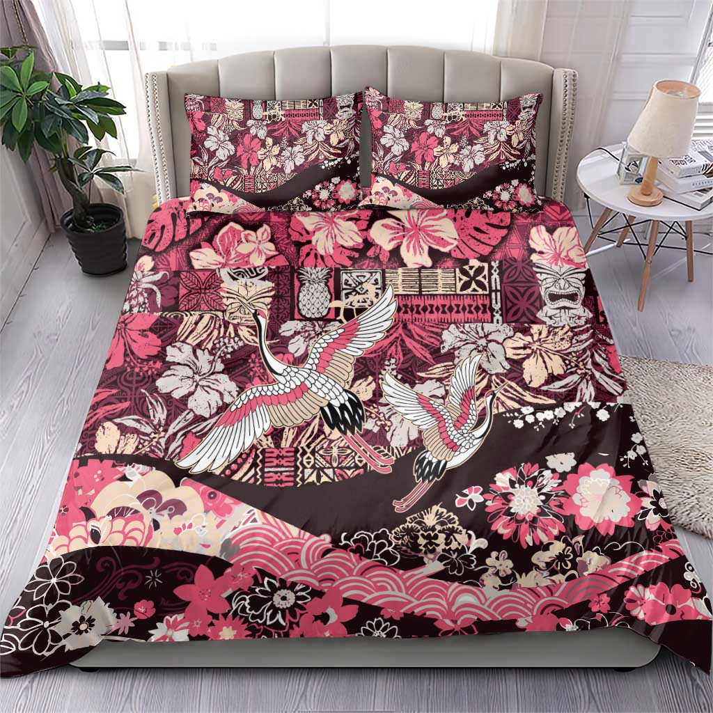 Japanese Hawaiian Crane Bedding Set Soft Pink Tapa Patchwork Pattern LT9 - Polynesian Pride