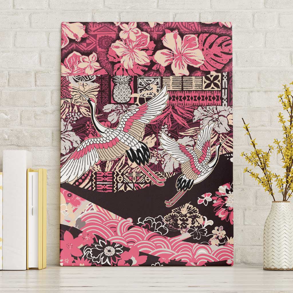 Japanese Hawaiian Crane Canvas Wall Art Soft Pink Tapa Patchwork Pattern LT9 Without Frame Pink - Polynesian Pride