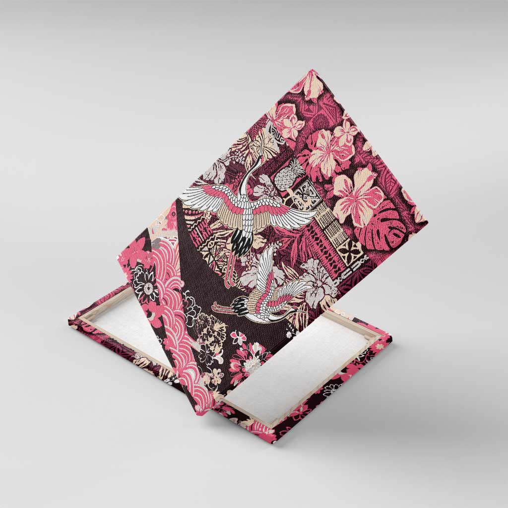 Japanese Hawaiian Crane Canvas Wall Art Soft Pink Tapa Patchwork Pattern LT9 With Frame Pink - Polynesian Pride