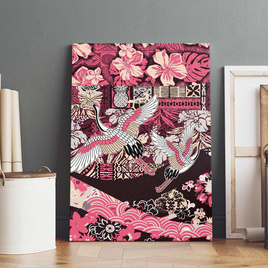 Japanese Hawaiian Crane Canvas Wall Art Soft Pink Tapa Patchwork Pattern LT9 - Polynesian Pride