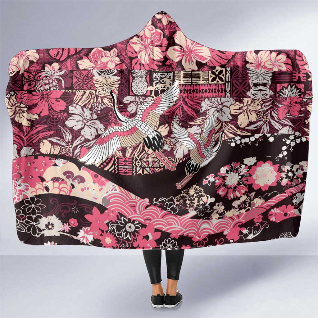 Japanese Hawaiian Crane Hooded Blanket Soft Pink Tapa Patchwork Pattern LT9 One Size Pink - Polynesian Pride