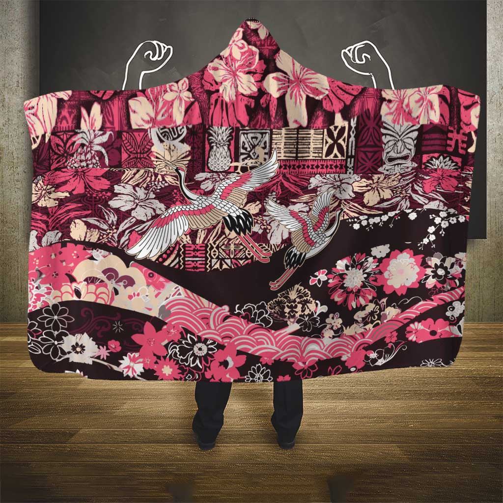 Japanese Hawaiian Crane Hooded Blanket Soft Pink Tapa Patchwork Pattern LT9 - Polynesian Pride