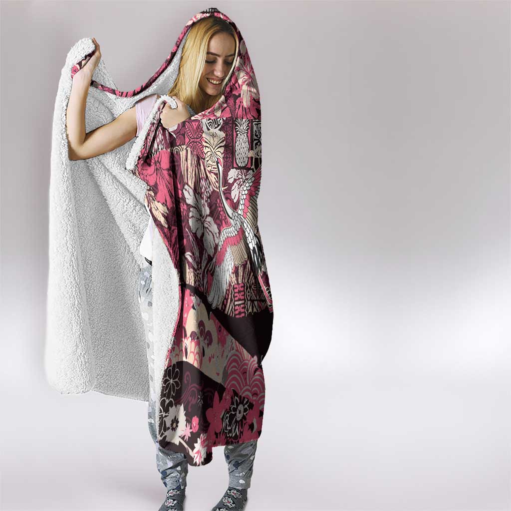 Japanese Hawaiian Crane Hooded Blanket Soft Pink Tapa Patchwork Pattern LT9 - Polynesian Pride