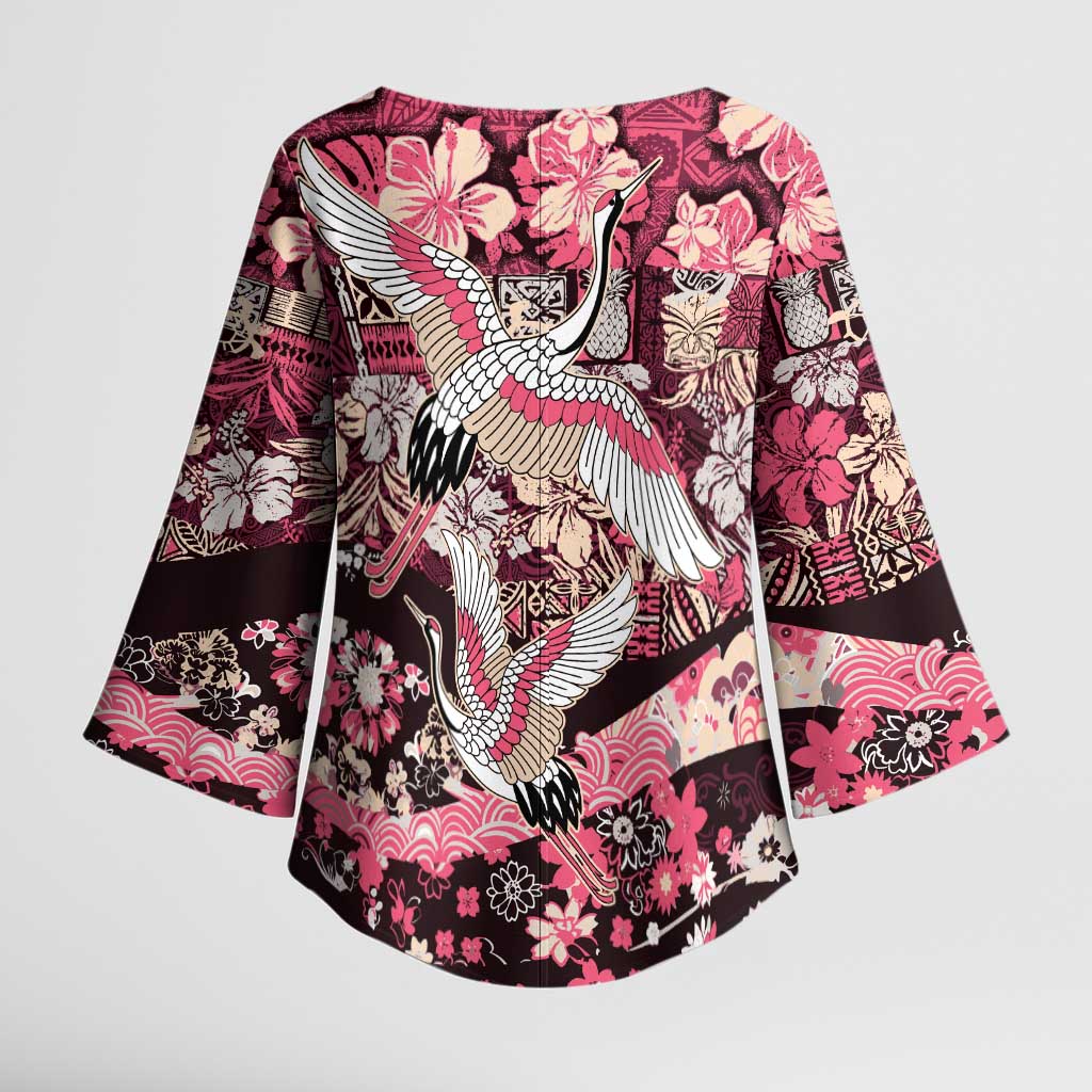 Japanese Hawaiian Crane Kimono Sleeve Blouse Soft Pink Tapa Patchwork Pattern LT9 - Polynesian Pride