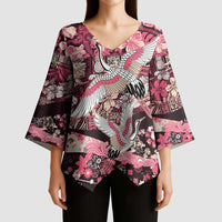 Japanese Hawaiian Crane Kimono Sleeve Blouse Soft Pink Tapa Patchwork Pattern LT9 - Polynesian Pride