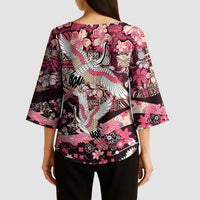 Japanese Hawaiian Crane Kimono Sleeve Blouse Soft Pink Tapa Patchwork Pattern LT9 - Polynesian Pride