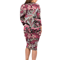 Japanese Hawaiian Crane Long Sleeve Bodycon Dress Soft Pink Tapa Patchwork Pattern LT9 - Polynesian Pride
