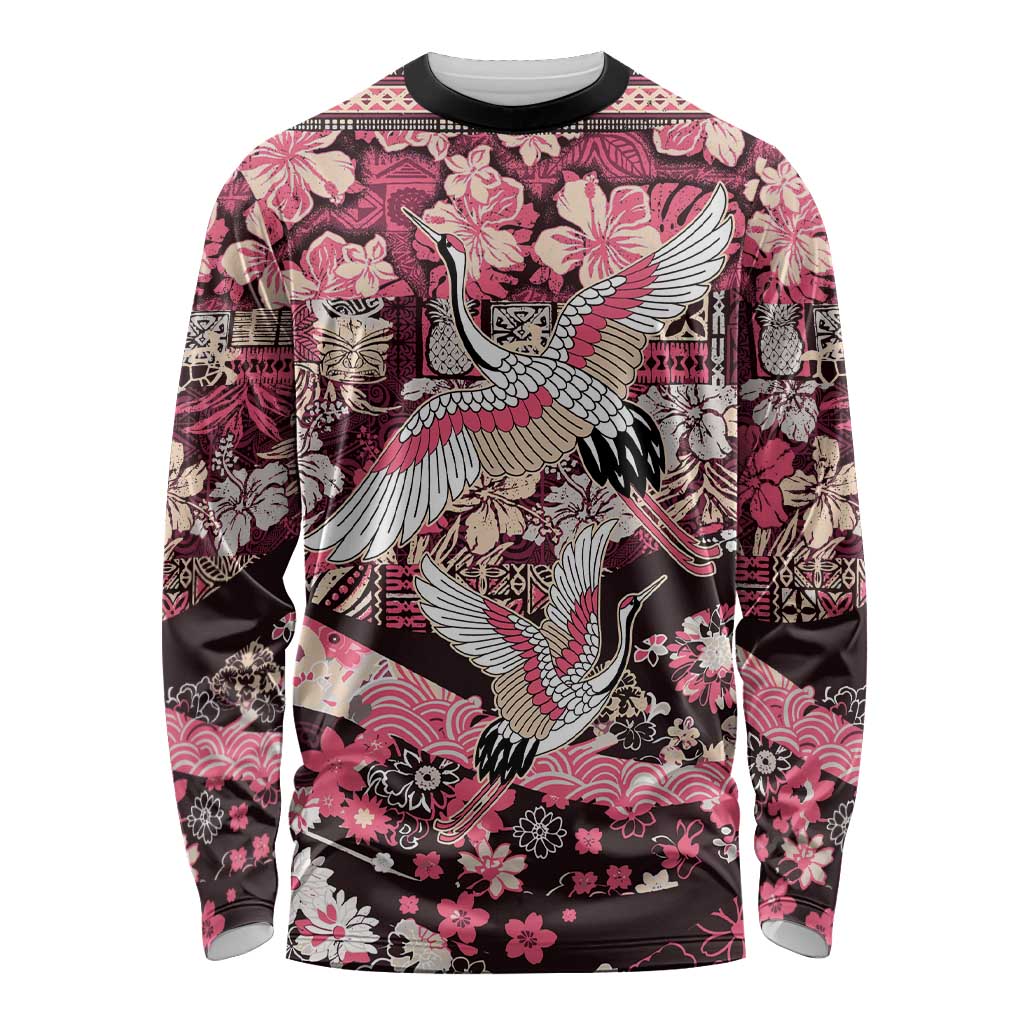 Japanese Hawaiian Crane Long Sleeve Shirt Soft Pink Tapa Patchwork Pattern LT9 Unisex Pink - Polynesian Pride