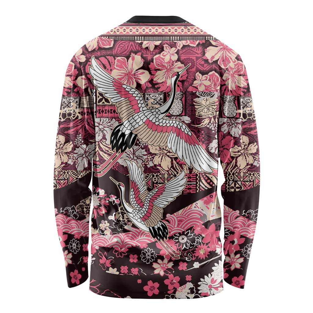 Japanese Hawaiian Crane Long Sleeve Shirt Soft Pink Tapa Patchwork Pattern LT9 - Polynesian Pride