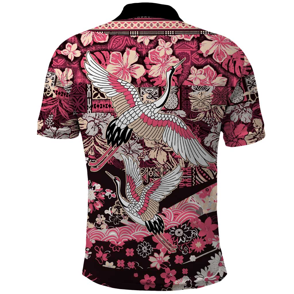 Japanese Hawaiian Crane Polo Shirt Soft Pink Tapa Patchwork Pattern LT9 - Polynesian Pride