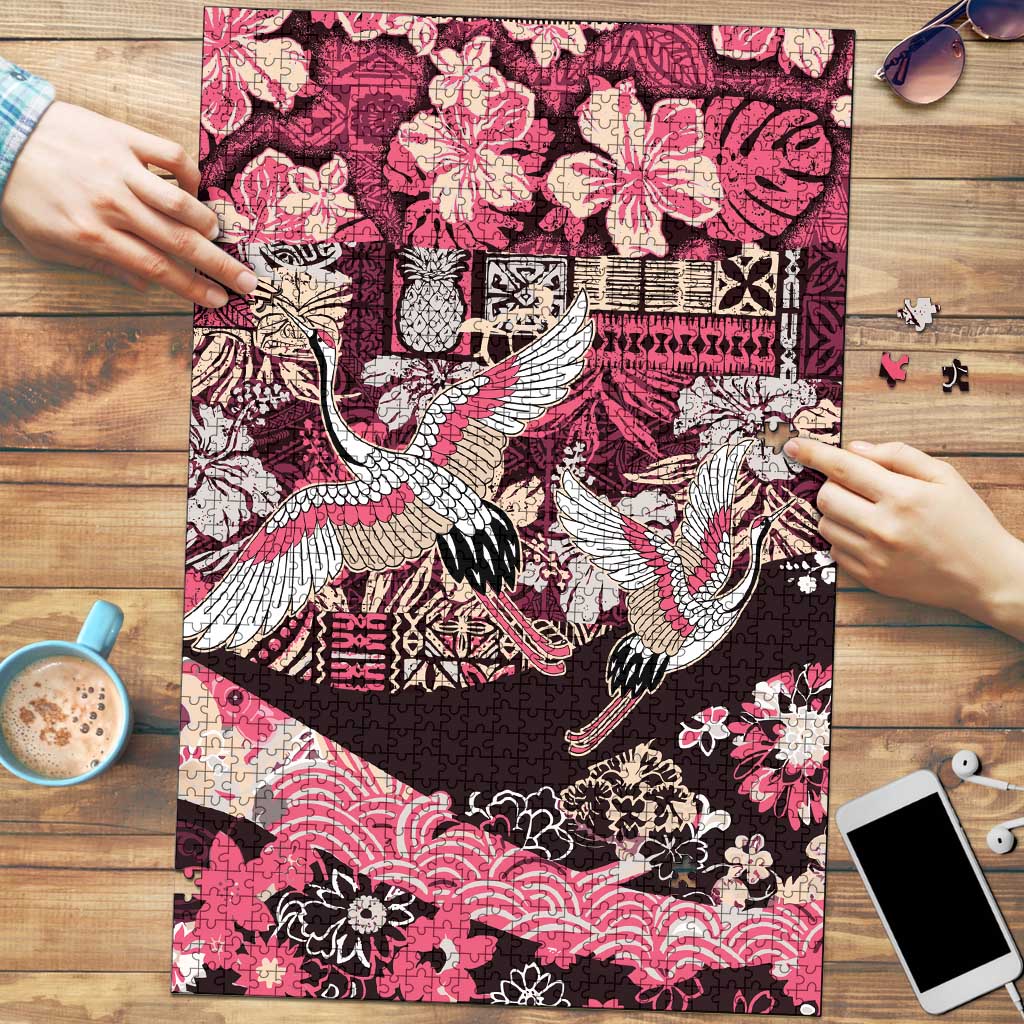 Japanese Hawaiian Crane Puzzle Soft Pink Tapa Patchwork Pattern LT9 Pink - Polynesian Pride