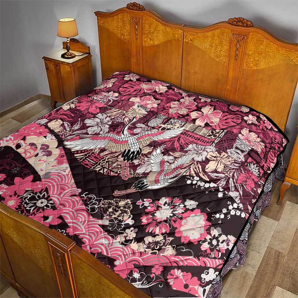 Japanese Hawaiian Crane Quilt Soft Pink Tapa Patchwork Pattern LT9 - Polynesian Pride