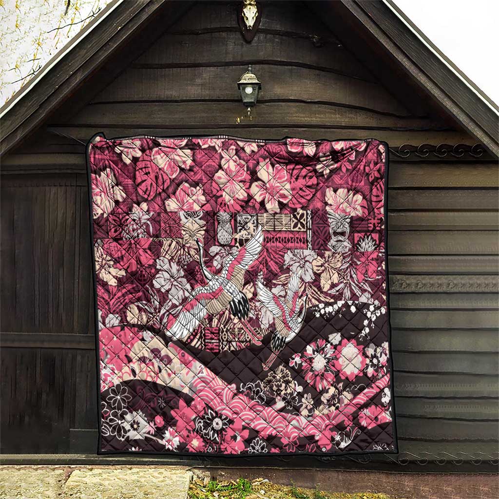 Japanese Hawaiian Crane Quilt Soft Pink Tapa Patchwork Pattern LT9 - Polynesian Pride