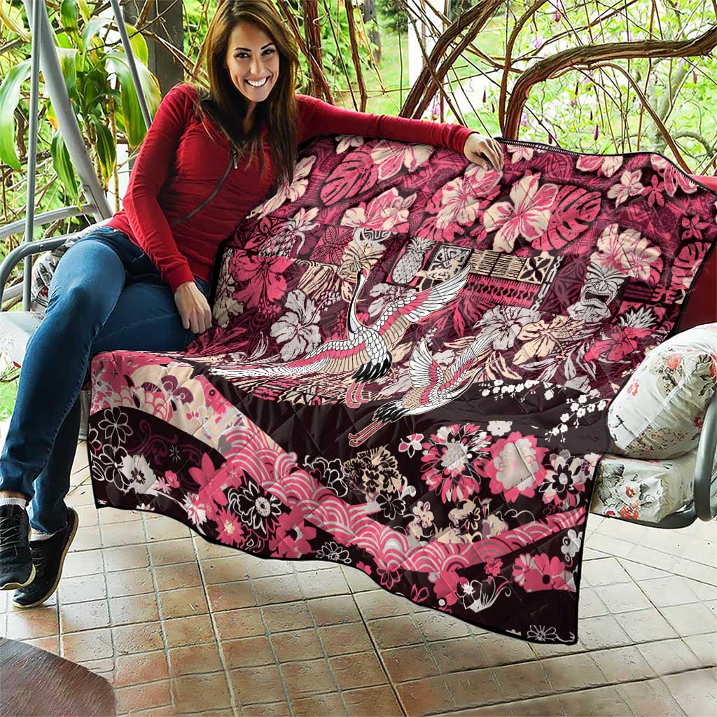 Japanese Hawaiian Crane Quilt Soft Pink Tapa Patchwork Pattern LT9 - Polynesian Pride
