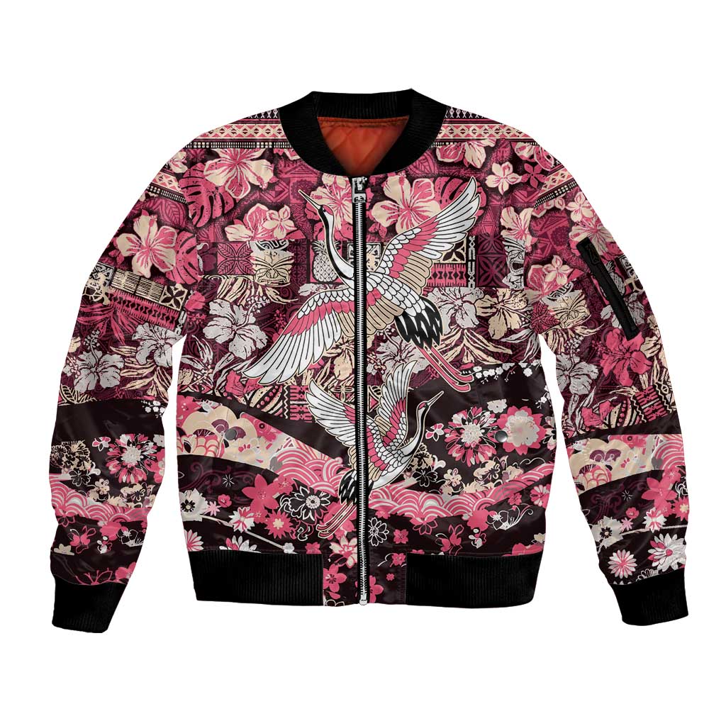 Japanese Hawaiian Crane Sleeve Zip Bomber Jacket Soft Pink Tapa Patchwork Pattern LT9 Unisex Pink - Polynesian Pride
