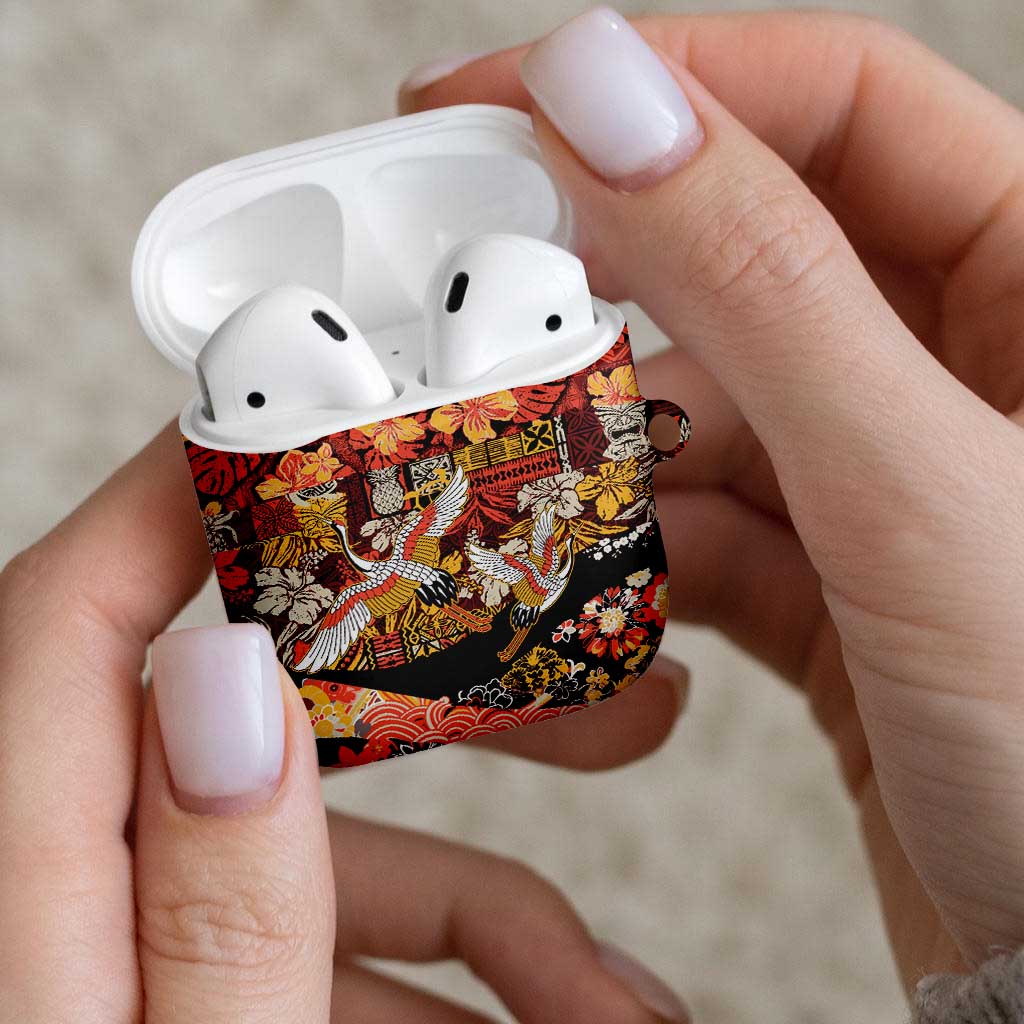 Japanese Hawaiian Crane AirPods Case Yellow Ochre Tapa Patchwork Pattern LT9 - Polynesian Pride