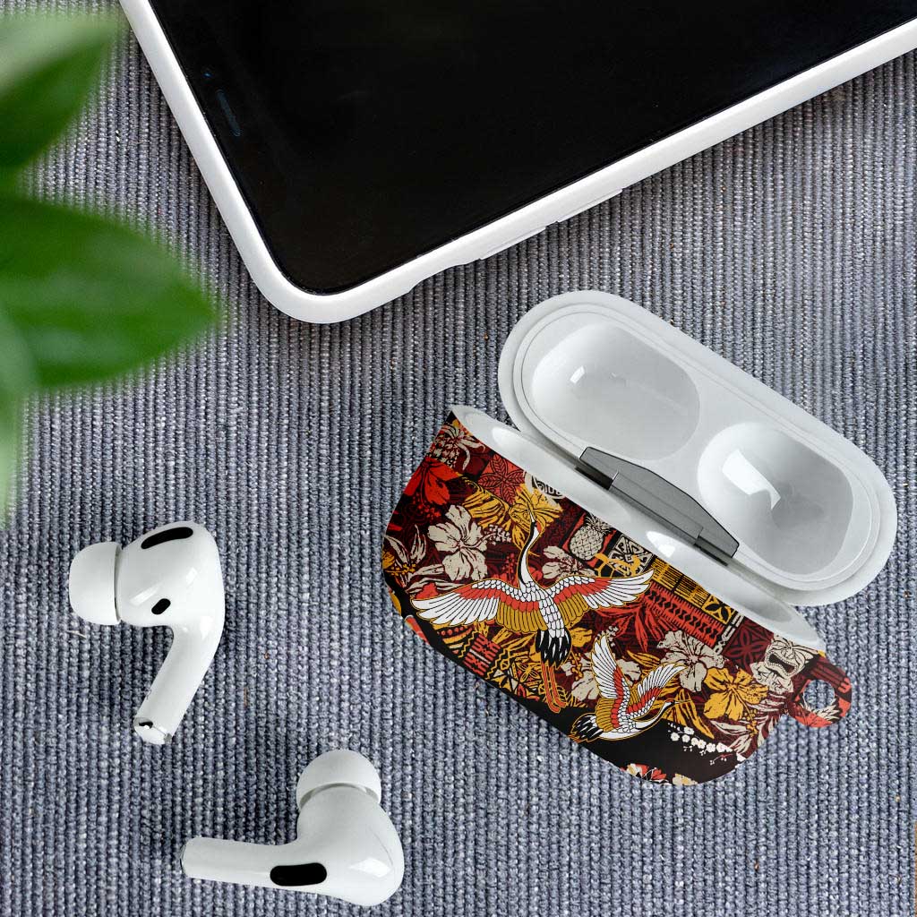 Japanese Hawaiian Crane AirPods Case Yellow Ochre Tapa Patchwork Pattern LT9 - Polynesian Pride