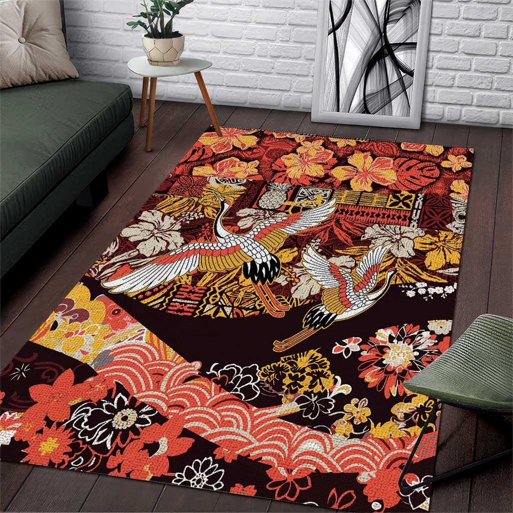 Japanese Hawaiian Crane Area Rug Yellow Ochre Tapa Patchwork Pattern LT9 Yellow - Polynesian Pride