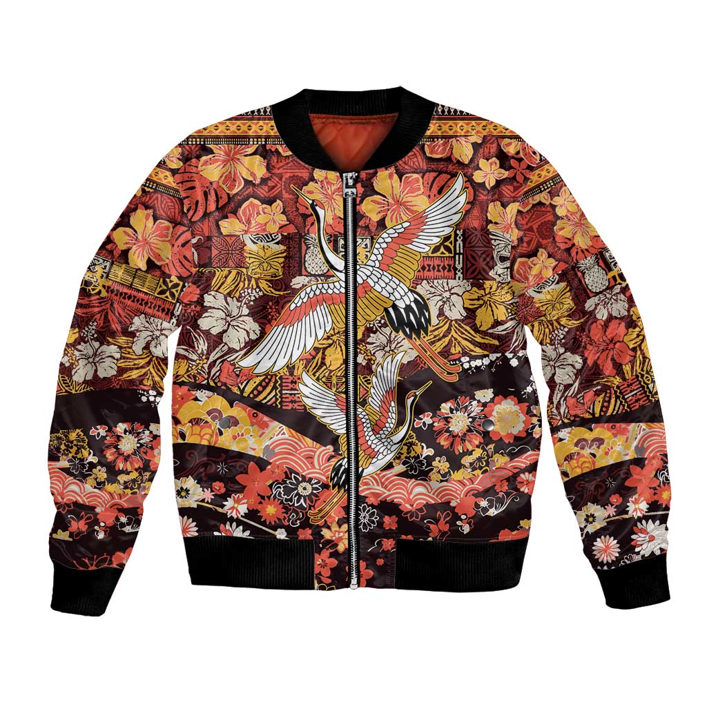 Japanese Hawaiian Crane Bomber Jacket Yellow Ochre Tapa Patchwork Pattern LT9 Unisex Yellow - Polynesian Pride