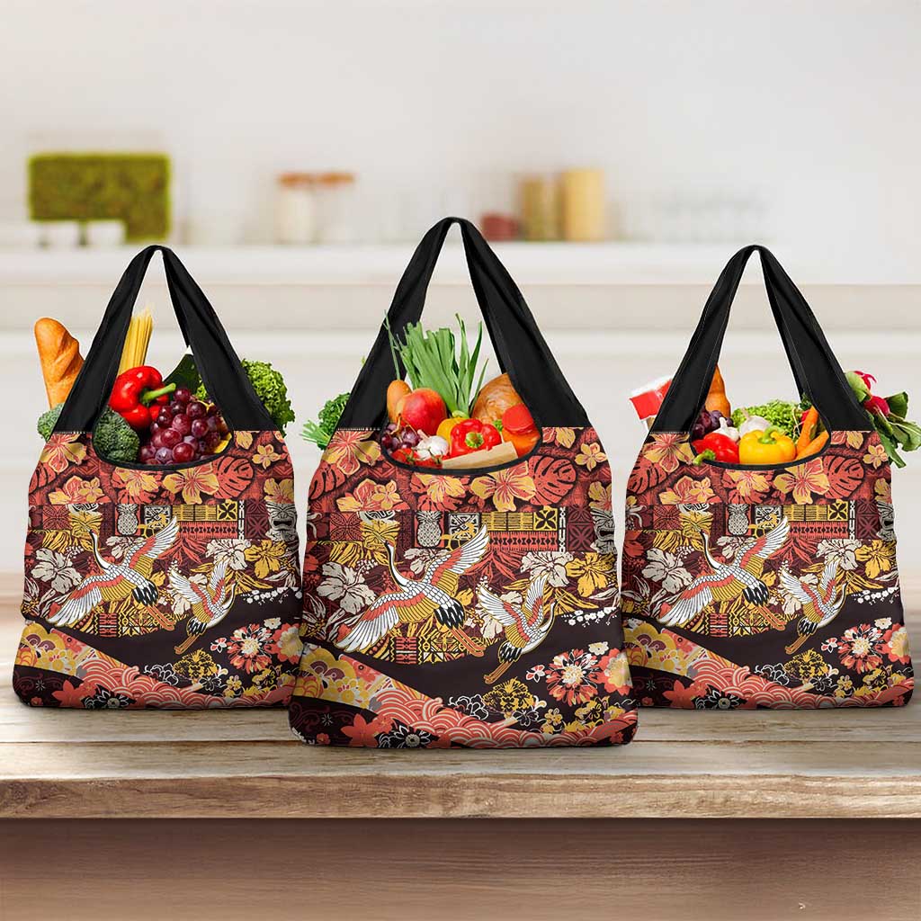Japanese Hawaiian Crane Grocery Bag Yellow Ochre Tapa Patchwork Pattern LT9 3-pack One Size Yellow - Polynesian Pride