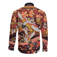 Japanese Hawaiian Crane Long Sleeve Button Shirt Yellow Ochre Tapa Patchwork Pattern LT9 - Polynesian Pride