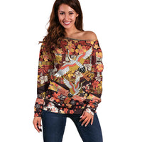 Japanese Hawaiian Crane Off Shoulder Sweater Yellow Ochre Tapa Patchwork Pattern LT9 Women Yellow - Polynesian Pride