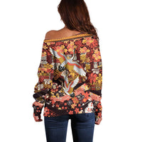 Japanese Hawaiian Crane Off Shoulder Sweater Yellow Ochre Tapa Patchwork Pattern LT9 - Polynesian Pride