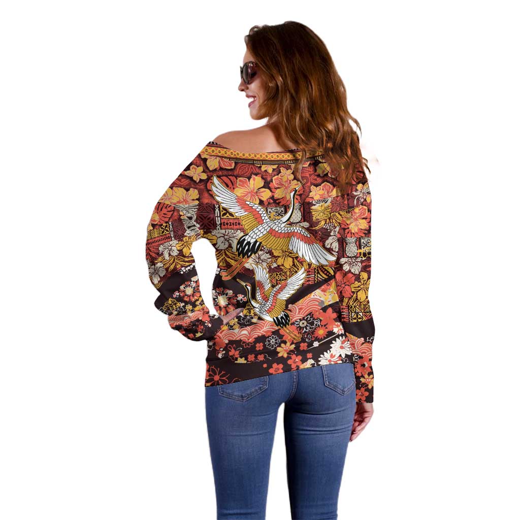 Japanese Hawaiian Crane Off Shoulder Sweater Yellow Ochre Tapa Patchwork Pattern LT9 - Polynesian Pride