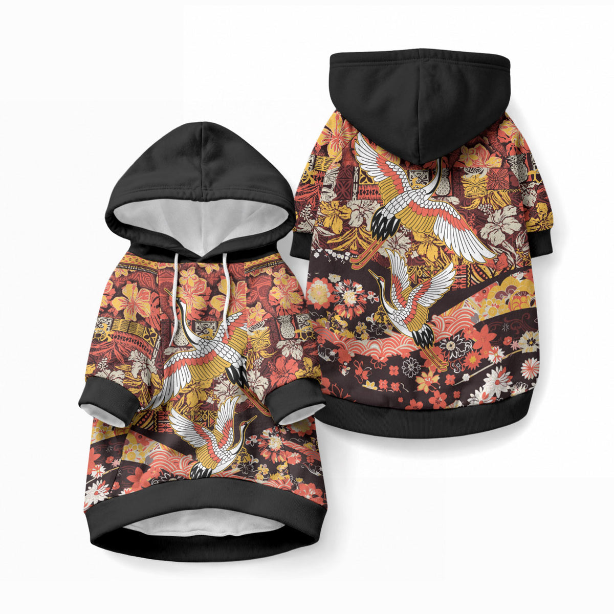 Japanese Hawaiian Crane Pet Hoodie Yellow Ochre Tapa Patchwork Pattern LT9 Pullover Blue - Polynesian Pride