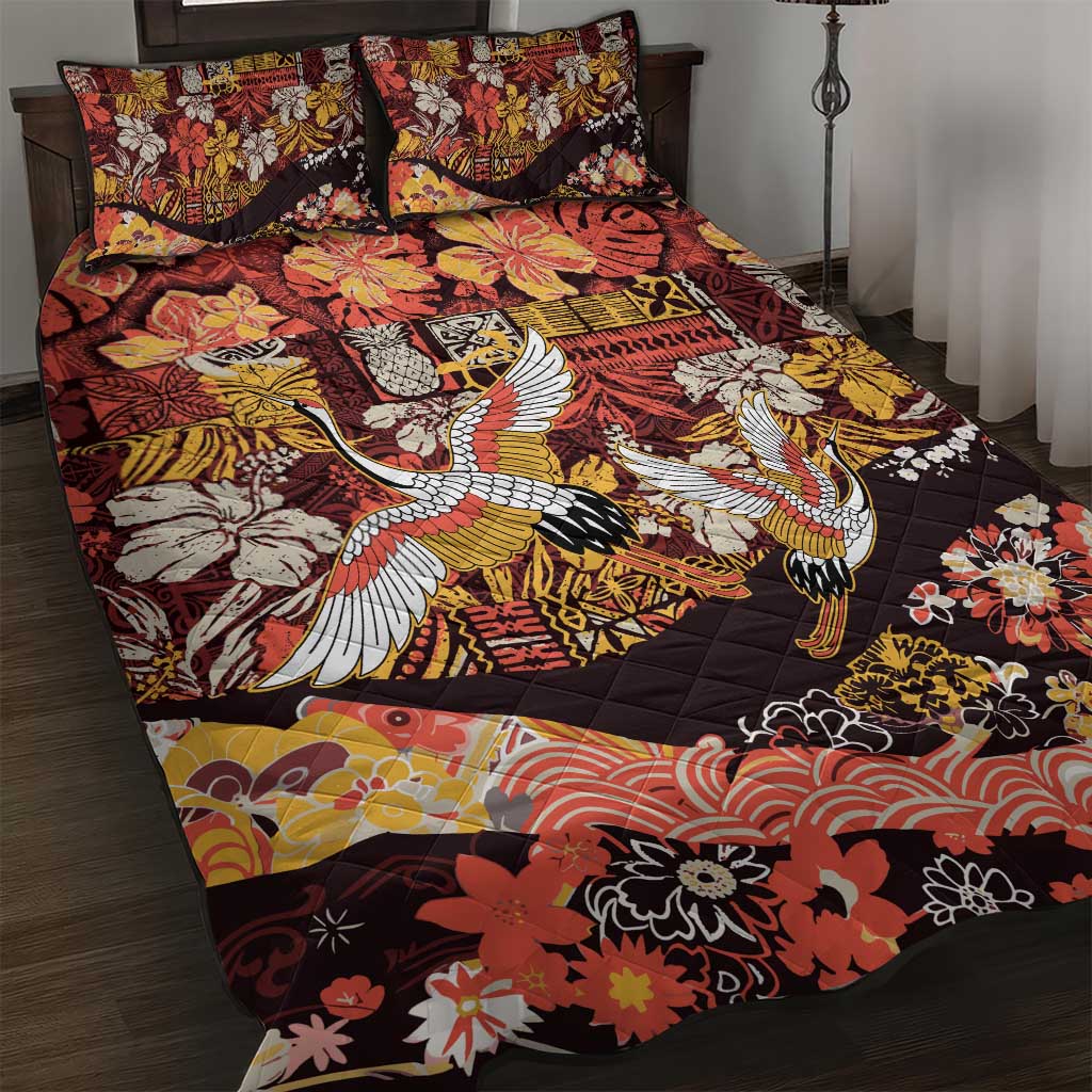 Japanese Hawaiian Crane Quilt Bed Set Yellow Ochre Tapa Patchwork Pattern LT9 Yellow - Polynesian Pride