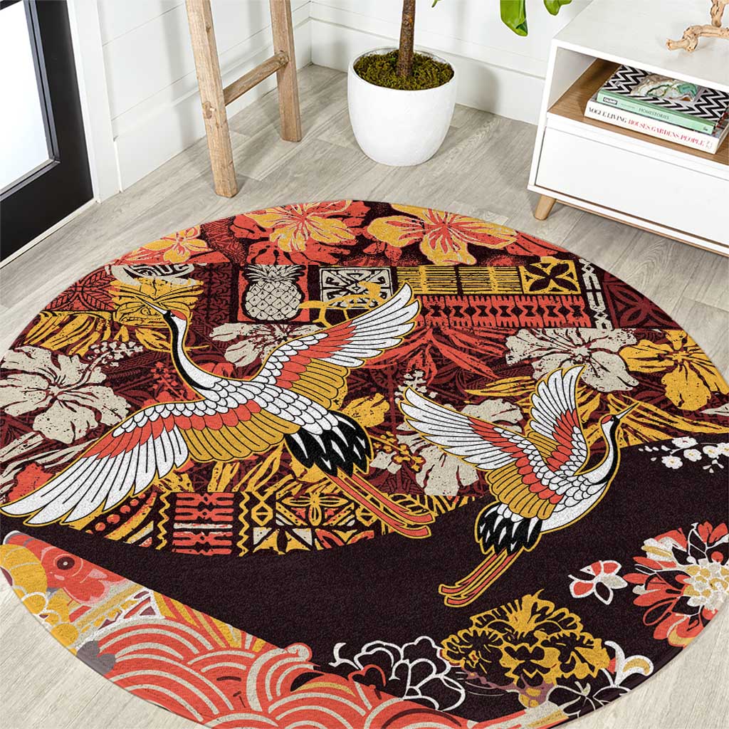 Japanese Hawaiian Crane Round Carpet Yellow Ochre Tapa Patchwork Pattern LT9 Yellow - Polynesian Pride
