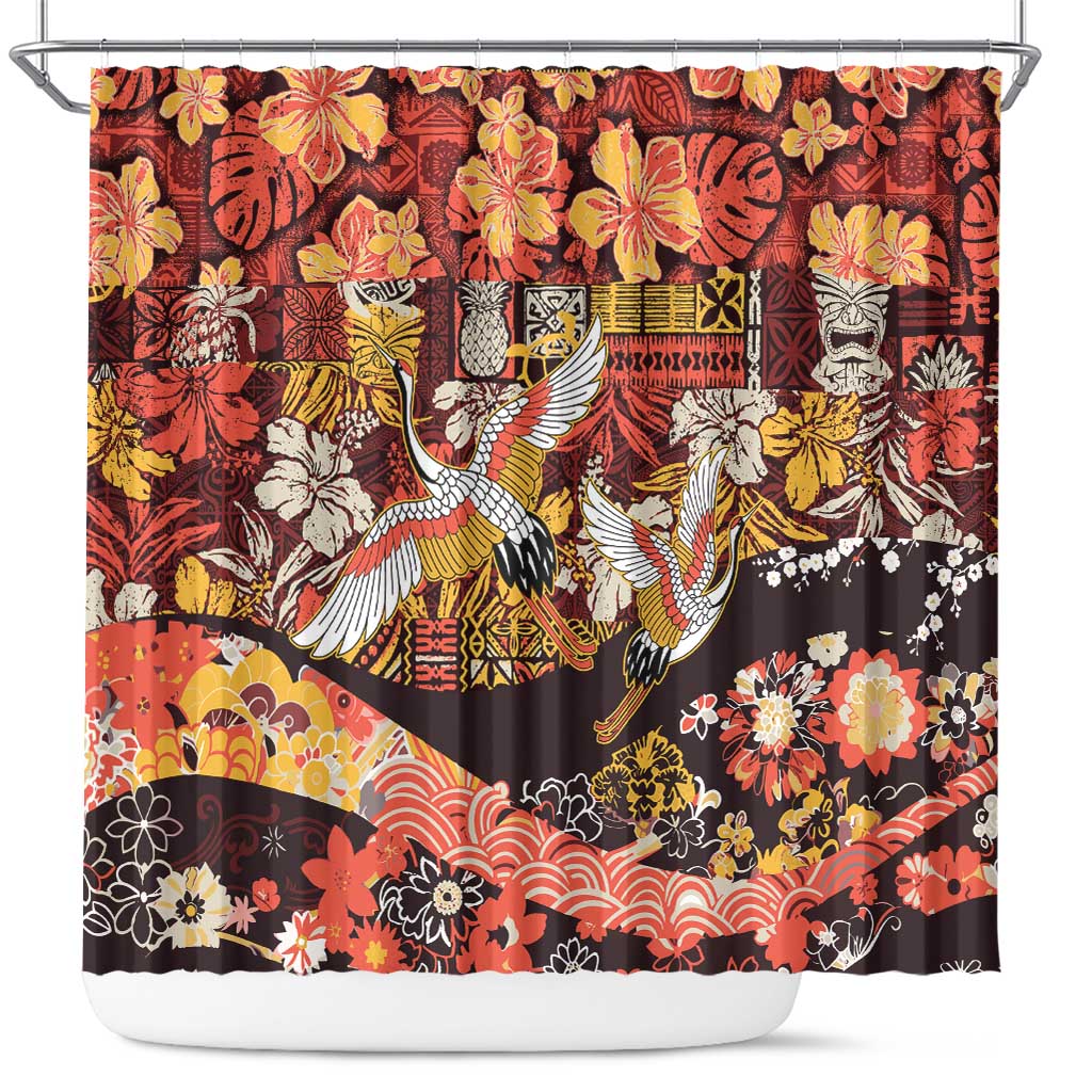 Japanese Hawaiian Crane Shower Curtain Yellow Ochre Tapa Patchwork Pattern LT9 Yellow - Polynesian Pride