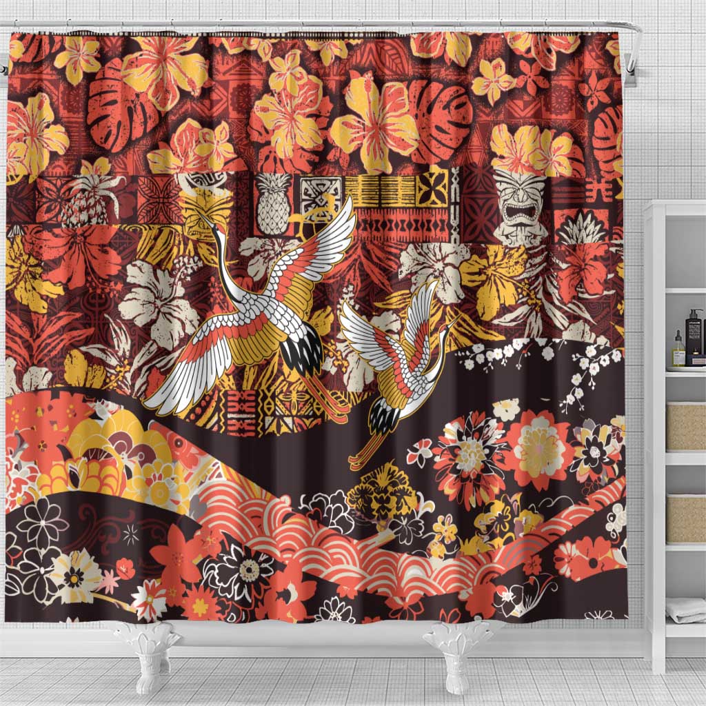 Japanese Hawaiian Crane Shower Curtain Yellow Ochre Tapa Patchwork Pattern LT9 - Polynesian Pride