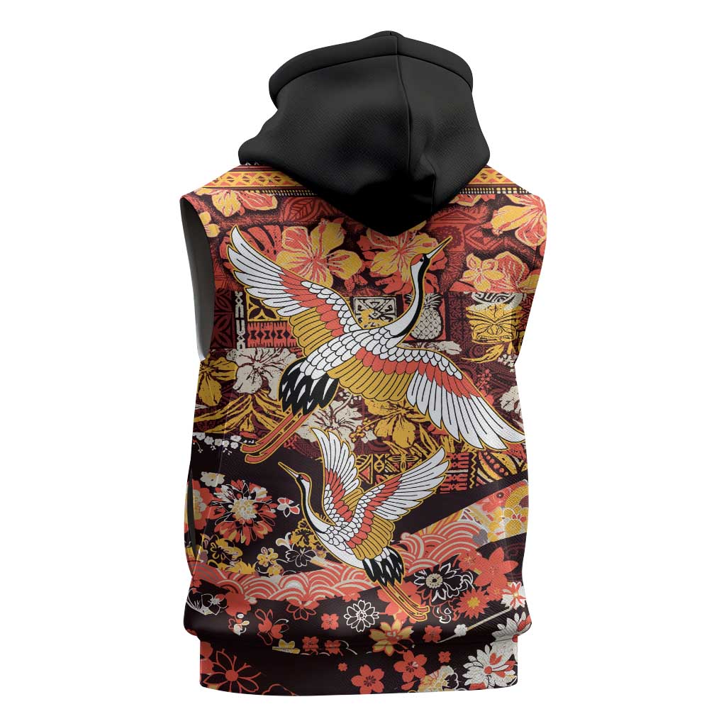 Japanese Hawaiian Crane Sleeveless Zip Hoodie Yellow Ochre Tapa Patchwork Pattern LT9 - Polynesian Pride