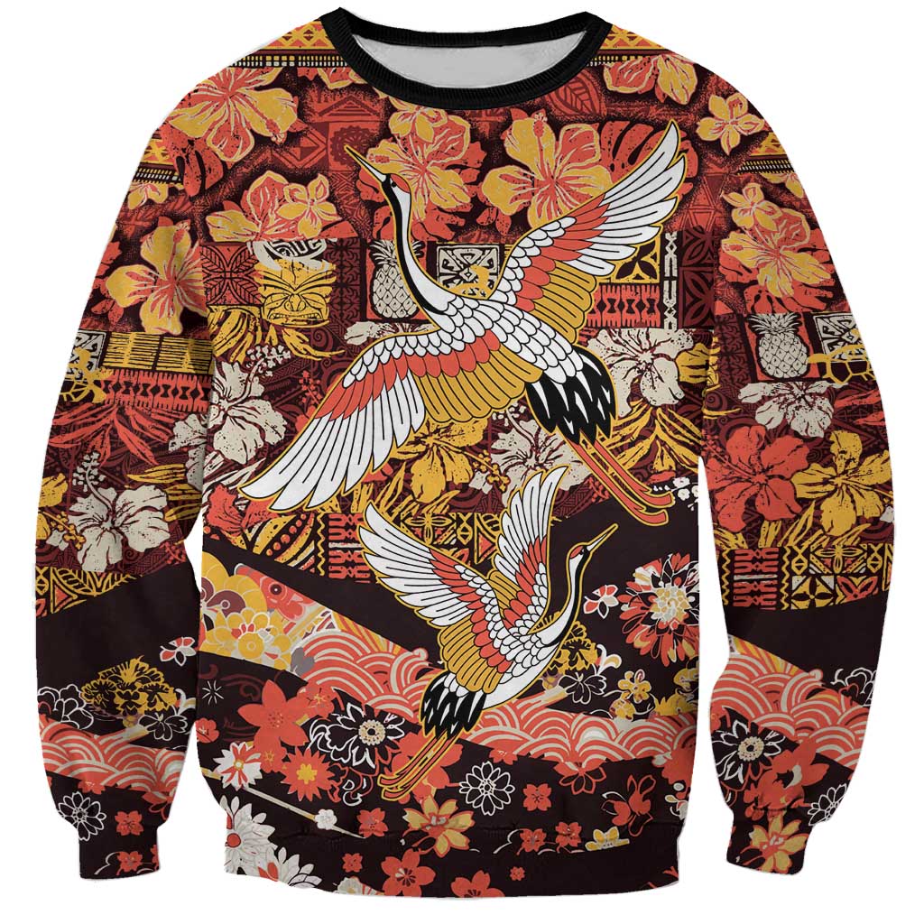 Japanese Hawaiian Crane Sweatshirt Yellow Ochre Tapa Patchwork Pattern LT9 Unisex Yellow - Polynesian Pride
